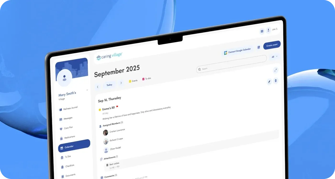 Caring Village web platform on a laptop showing the September 2025 shared calendar with an all-day event, assigned members and attachments, and a sidebar with wellness journal, messages, care plan, medications, calendar, to-dos and checklists.
