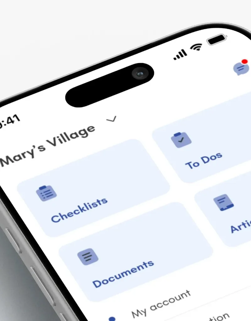 iPhone showing Mary's Village home screen with tiles for checklists, to-dos, documents and articles.
