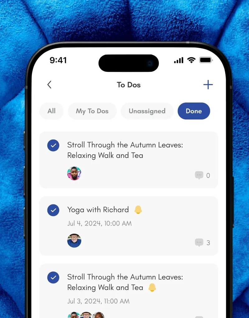 iPhone To Dos screen filtered to Done, listing completed tasks such as a walk and yoga, with All, My To Dos and Unassigned filters.