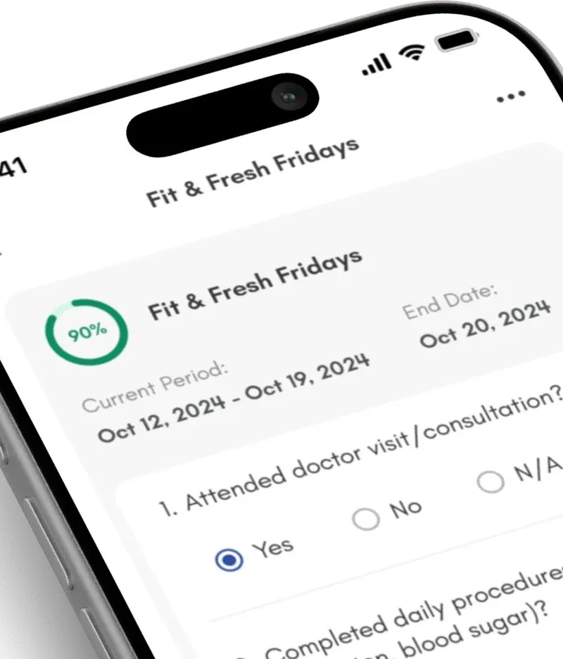iPhone checklist 'Fit & Fresh Fridays' showing 90% progress, the current period Oct 12 to Oct 19, 2024, and yes/no questions such as 'Attended doctor visit/consultation?'