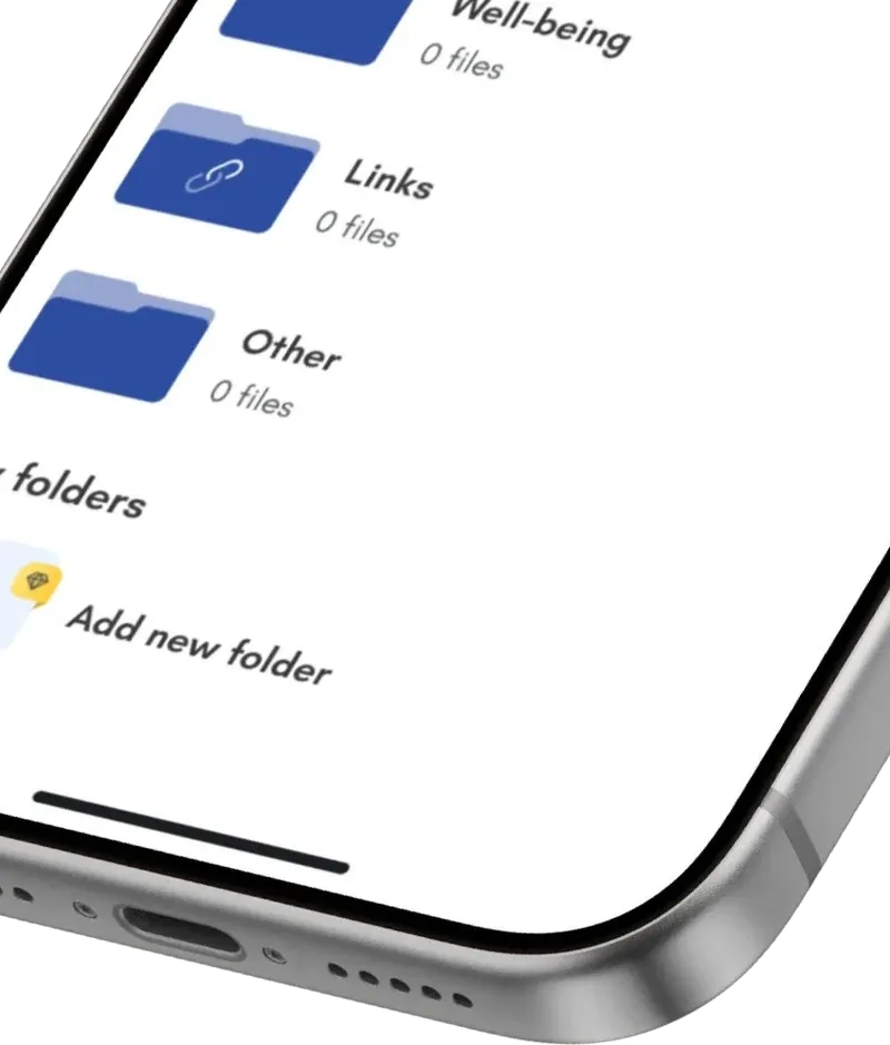 iPhone documents screen with folders for well-being, links and other files, and an 'Add new folder' option.