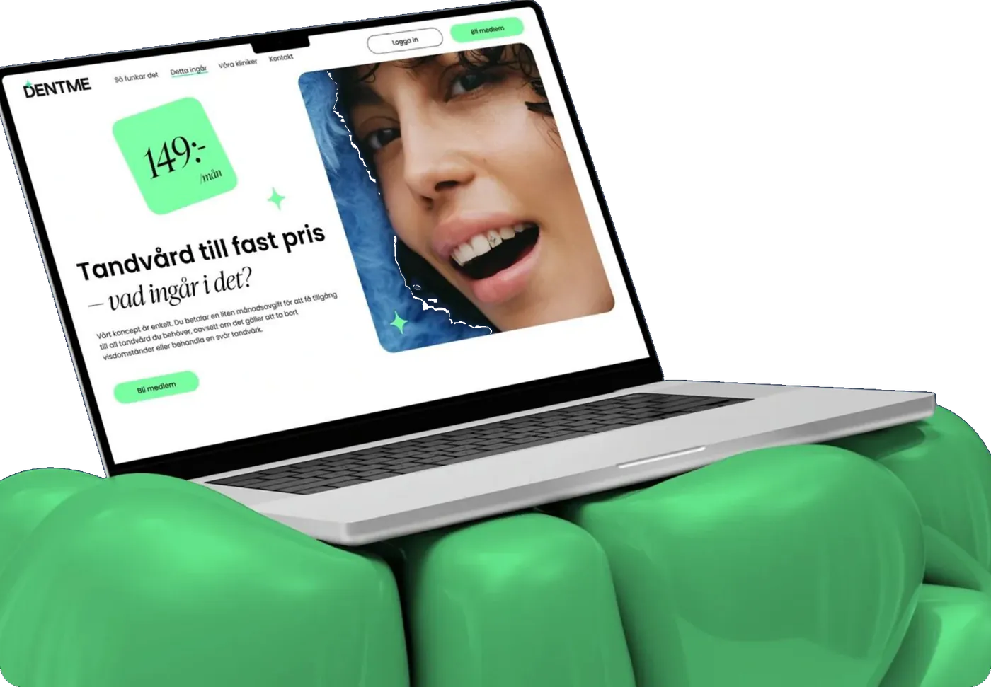 The redesigned DentMe website on a laptop resting on green 3D shapes, showing the fixed monthly price of 149 kr and the headline 'Tandvård till fast pris'.