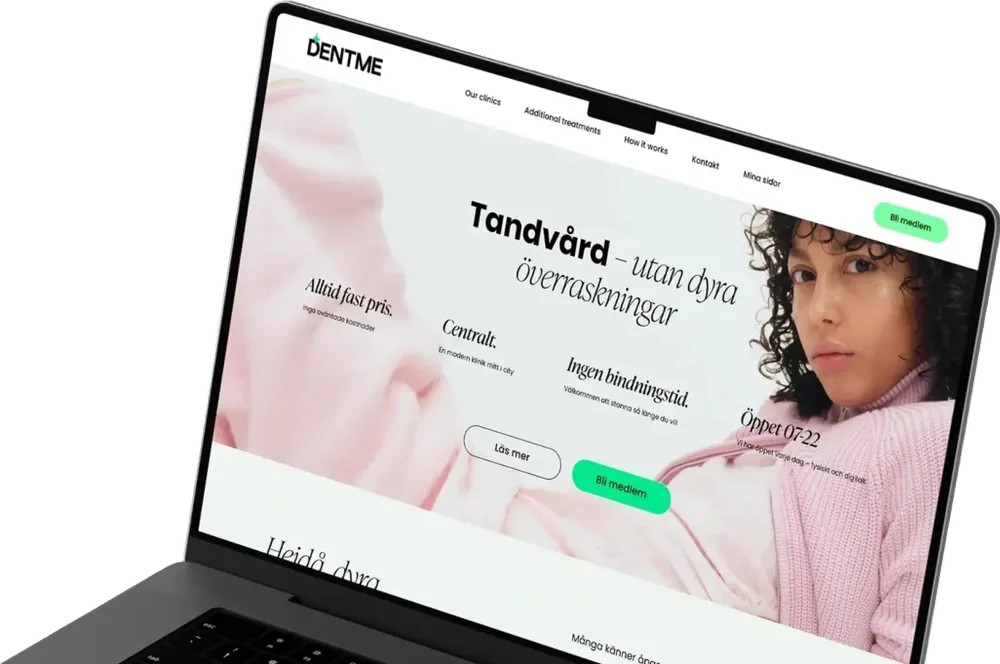 The previous DentMe website on a laptop: a pink-toned hero with the headline 'Tandvård – utan dyra överraskningar' and small, low-contrast calls to action.