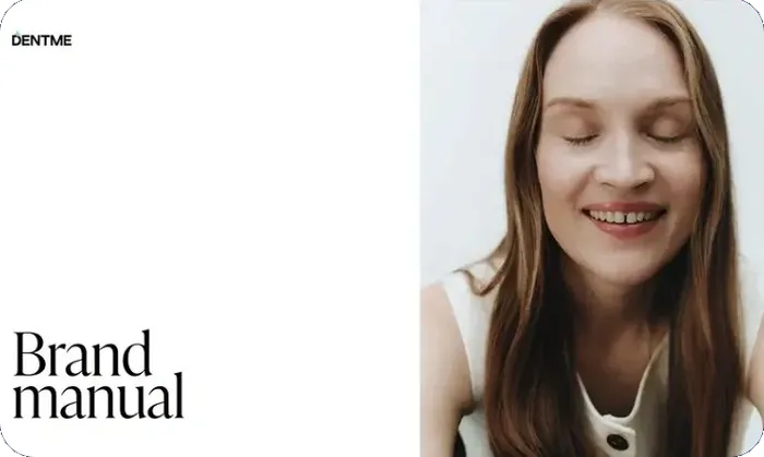 The cover of DentMe's brand manual, with the words 'Brand manual' in a serif typeface beside a portrait of a smiling woman.