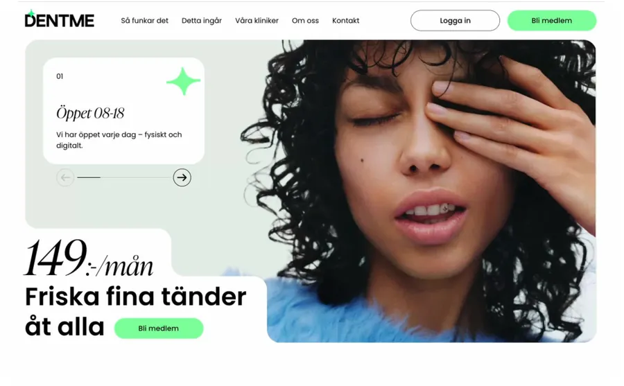 Home page hero with the price '149:-/mån', the line 'Friska fina tänder åt alla', a 'Bli medlem' button and a portrait of a woman.