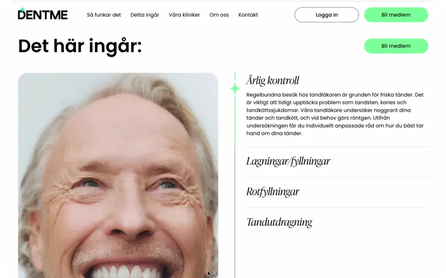 'Det här ingår' section listing the annual check-up, fillings, root fillings and tooth extraction beside a photo of a smiling older man.