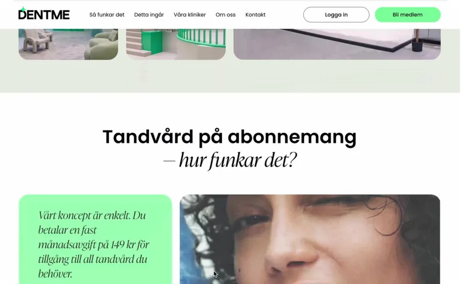 'Tandvård på abonnemang – hur funkar det?' section explaining the subscription in plain language beside brand photography.