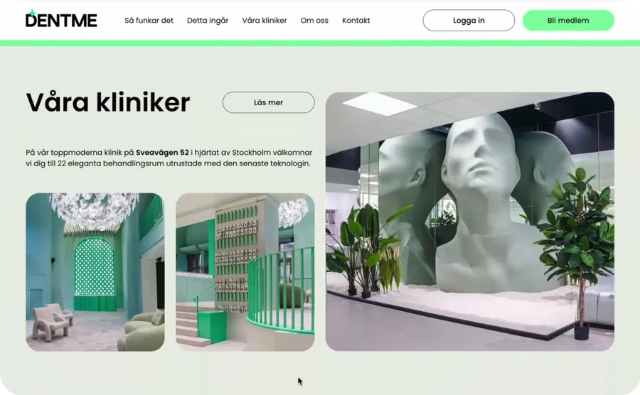 'Våra kliniker' section with photos of DentMe's green, modern clinic interior.