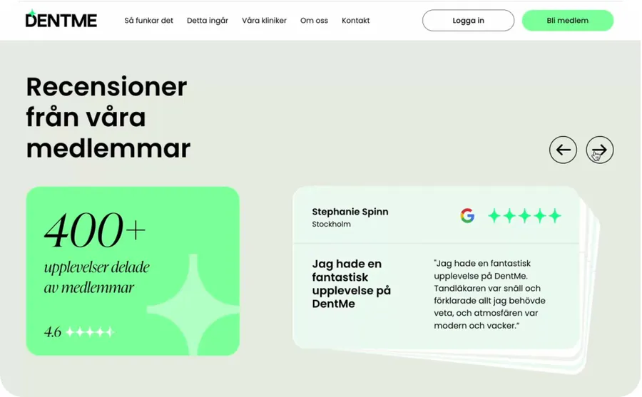 'Recensioner från våra medlemmar' section with a '400+' experiences card and a member review with a five-star rating.