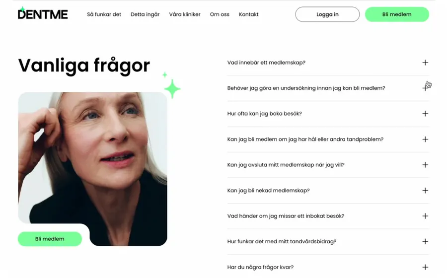 'Vanliga frågor' section with a list of expandable membership questions beside a portrait.