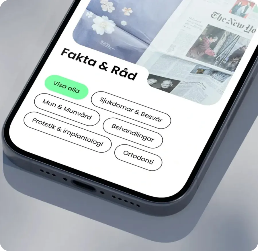 Phone showing the 'Fakta & Råd' section with topic tags such as Mun & Munvård, Behandlingar and Ortodonti.