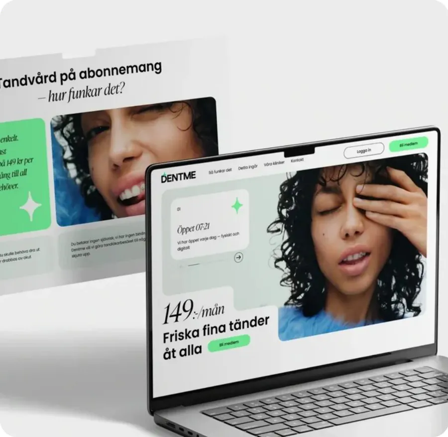 The redesigned DentMe pages shown on a laptop with a larger page layout floating behind it.
