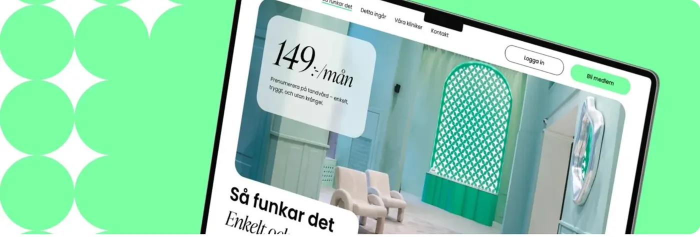 The redesigned 'Så funkar det' page on desktop, showing '149:-/mån' over a photo of the clinic's green interior, framed by green circles.