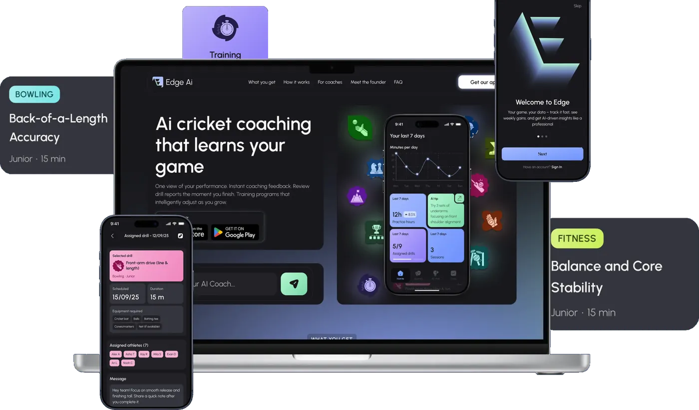 The EDGE marketing site on a laptop with the headline 'Ai cricket coaching that learns your game', surrounded by phones showing the welcome screen, a weekly progress chart and an assigned drill, plus drill cards for bowling and fitness.