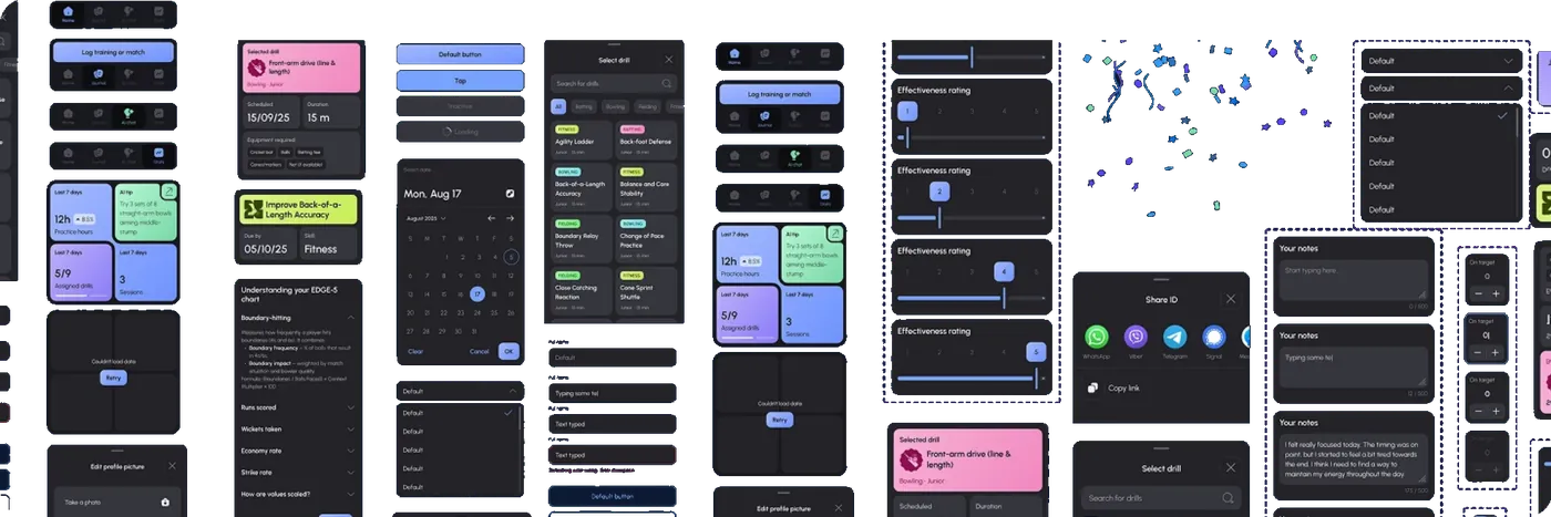 Design system board showing dark UI components in several states: buttons, drill cards, date pickers, rating sliders, text fields and dropdowns.