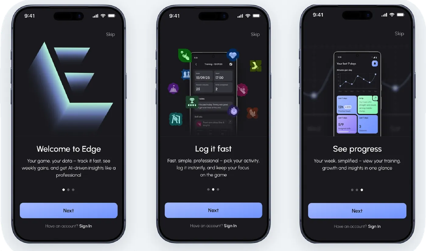 Three onboarding screens: 'Welcome to Edge' with the Edge logo, 'Log it fast' with a training entry, and 'See progress' with a weekly chart, each with a Next button.