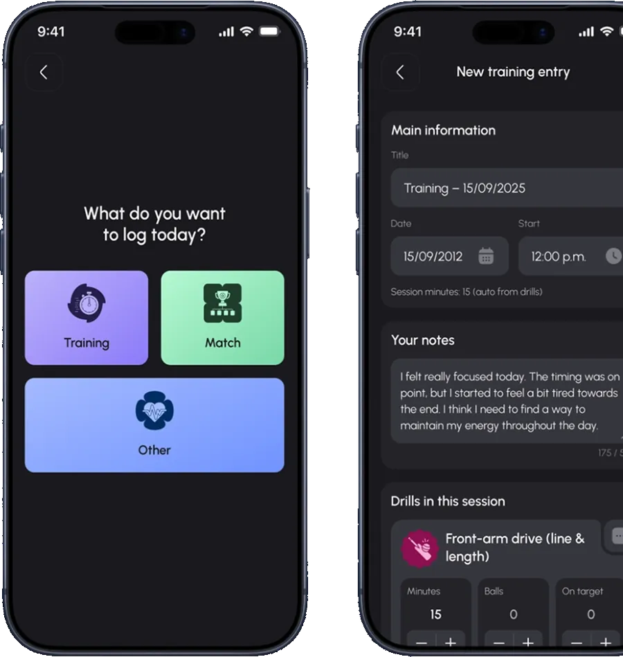 Two athlete screens: 'What do you want to log today?' with Training, Match and Other options, and a new training entry form with notes and drills completed.