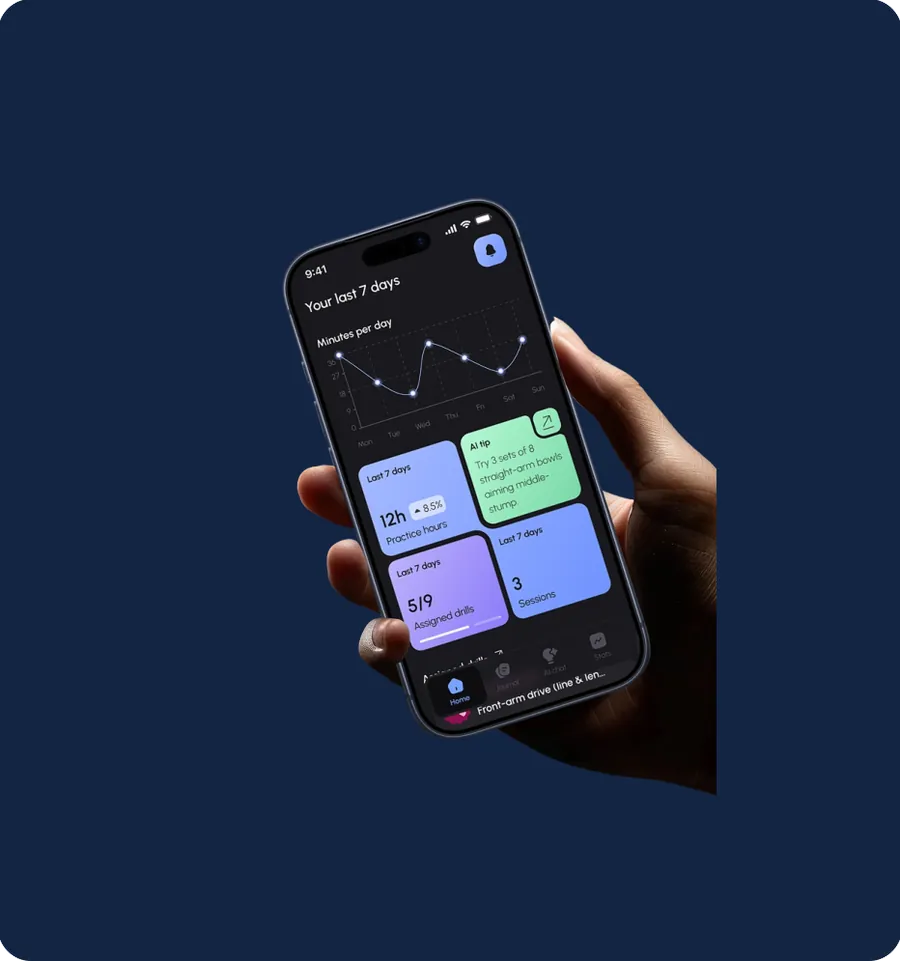 A hand holding a phone showing the athlete's last seven days, with a minutes-per-day chart and progress tiles.