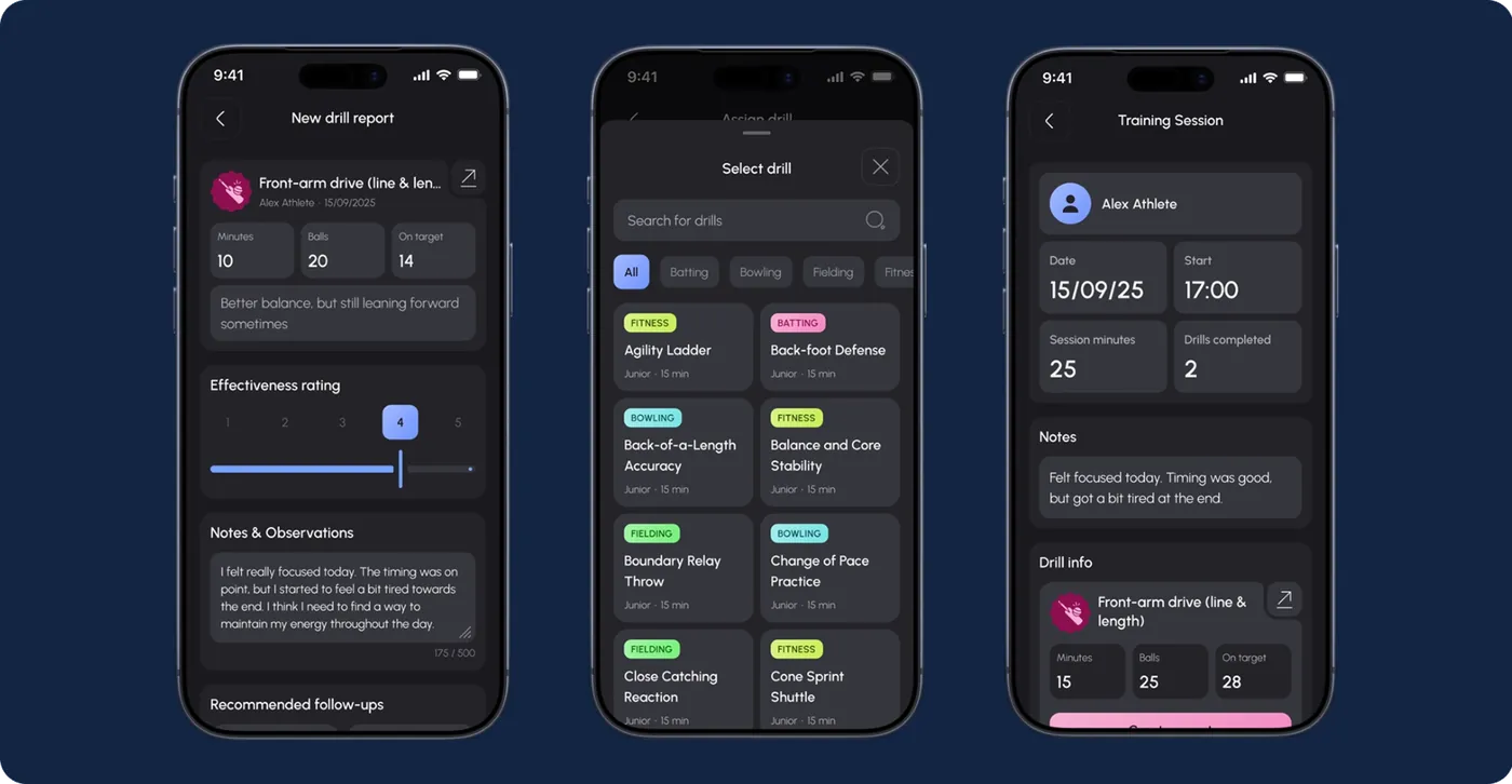 Three coach screens: a new drill report with an effectiveness rating and notes, the drill library filtered by category, and a training session summary.