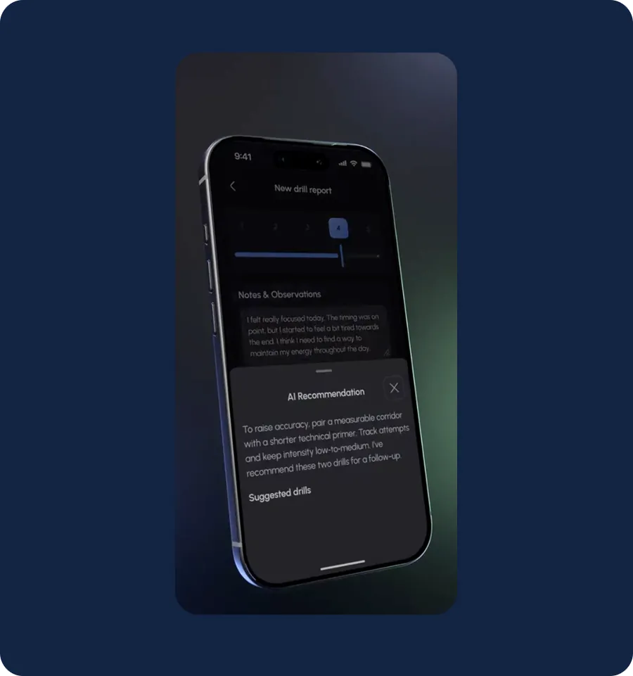 Phone showing a drill report with an 'AI Recommendation' panel suggesting follow-up drills.