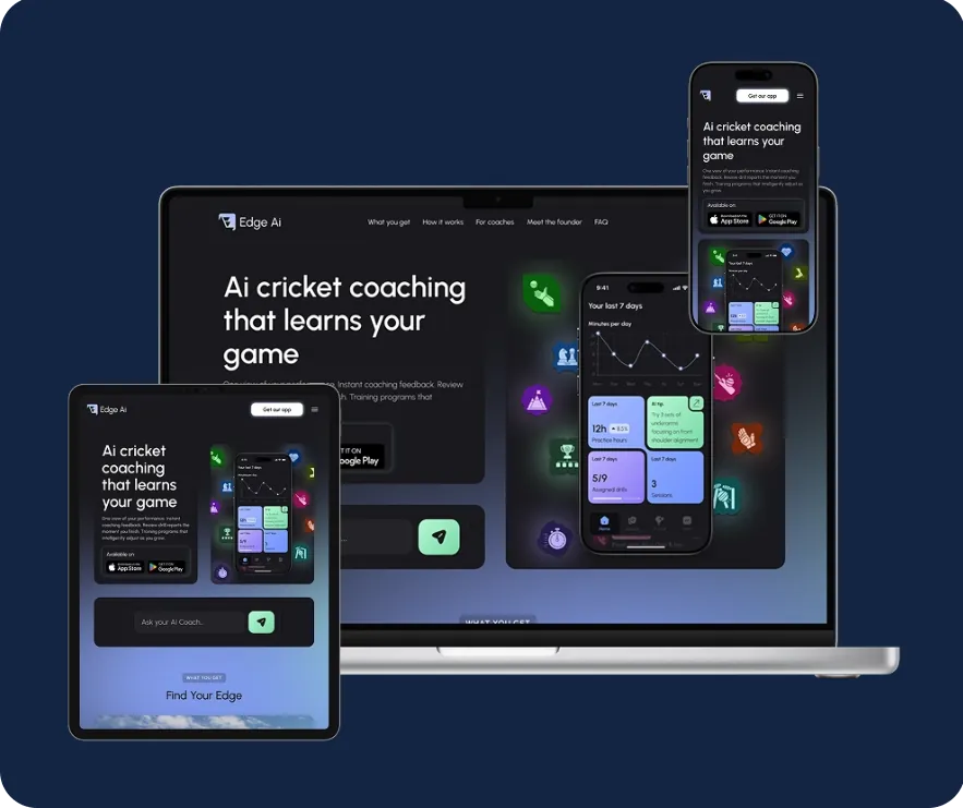 The EDGE marketing landing page shown on a laptop, tablet and phone, with the headline 'Ai cricket coaching that learns your game'.