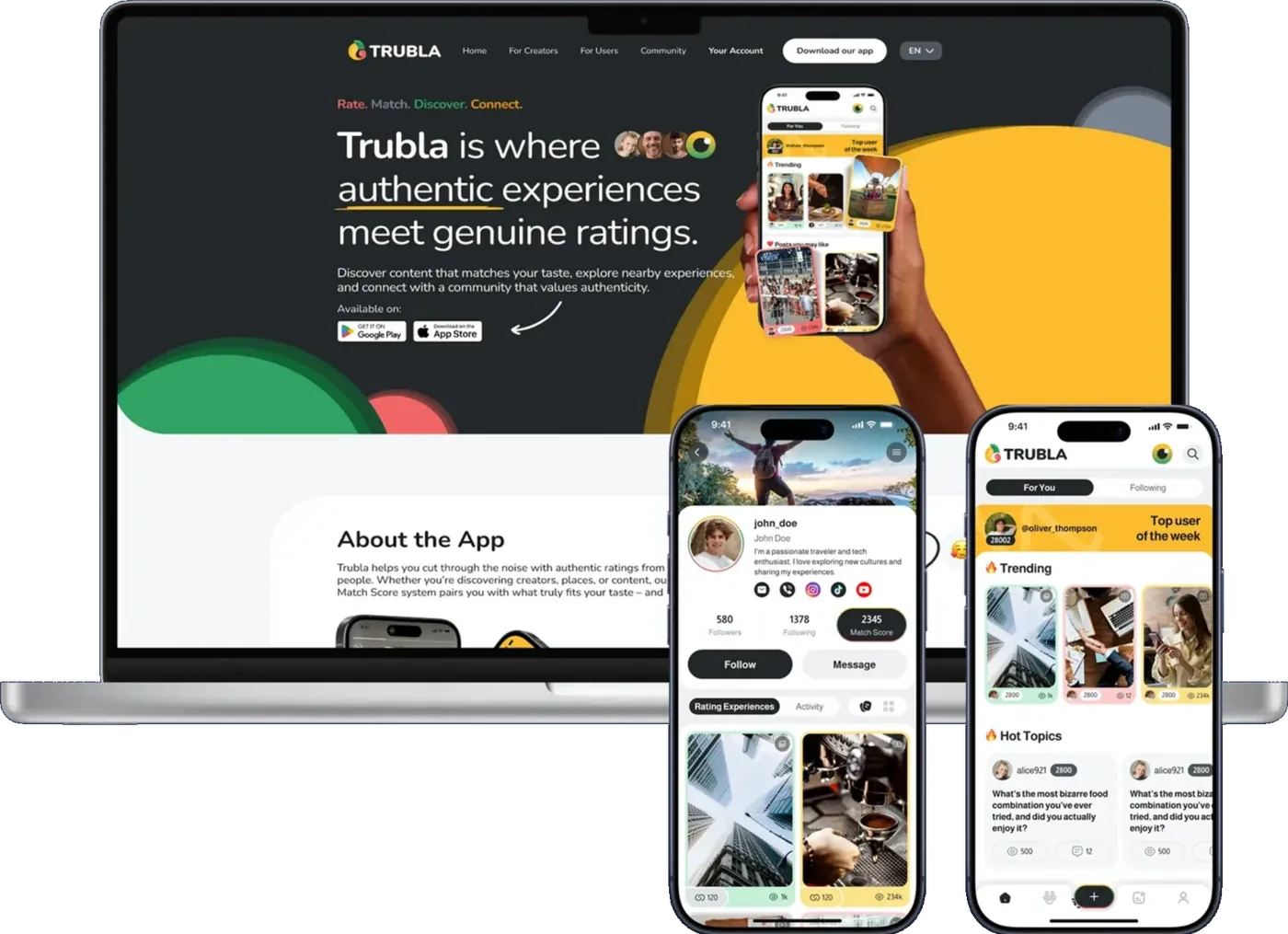 The Trubla website on a laptop with the headline 'Trubla is where authentic experiences meet genuine ratings', beside two phones showing a creator profile and the For You feed with trending posts and hot topics.
