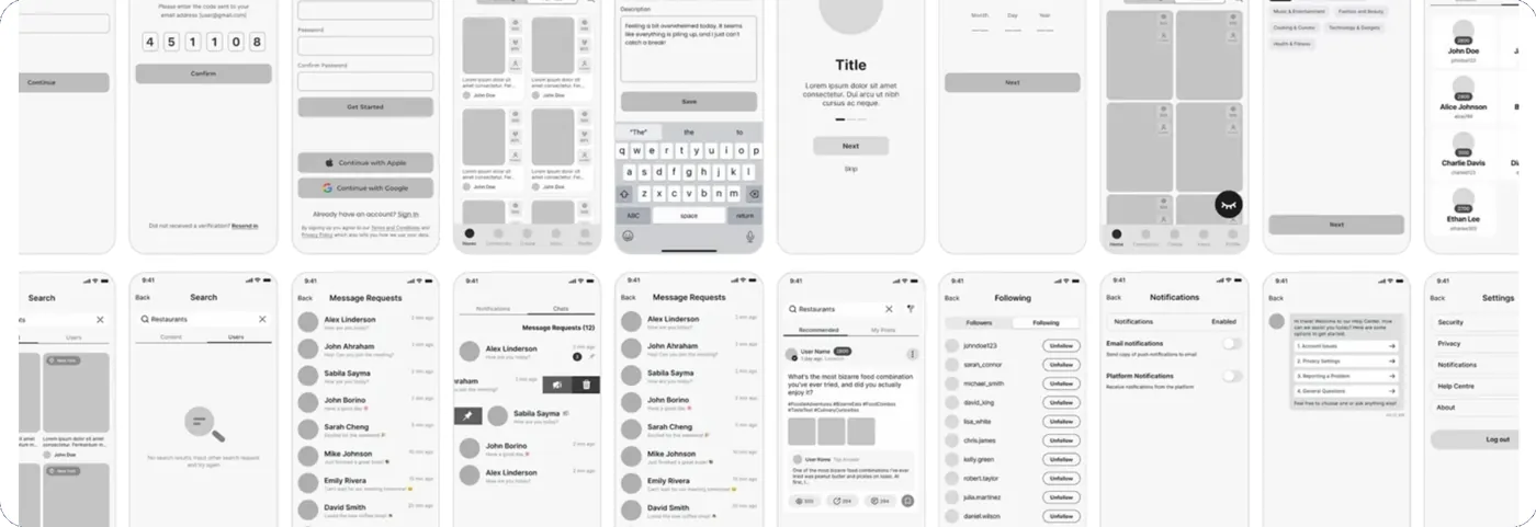 Two rows of grey low-fidelity wireframes covering verification codes, sign-up, search, message requests, notifications and settings.