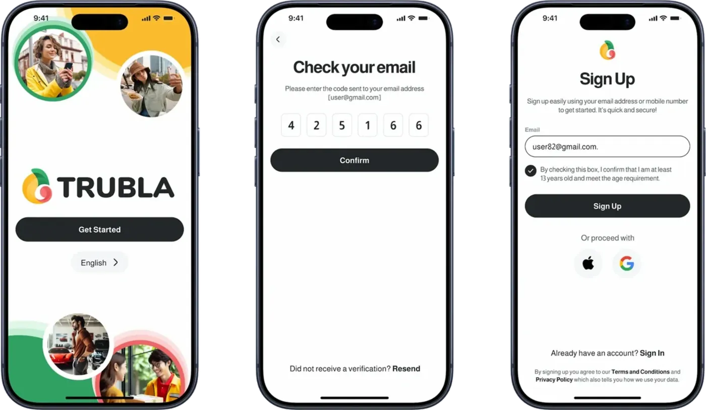 Three onboarding screens: a Trubla welcome screen with a Get Started button and language selector, a 'Check your email' verification code screen, and a Sign Up screen with Apple and Google options.