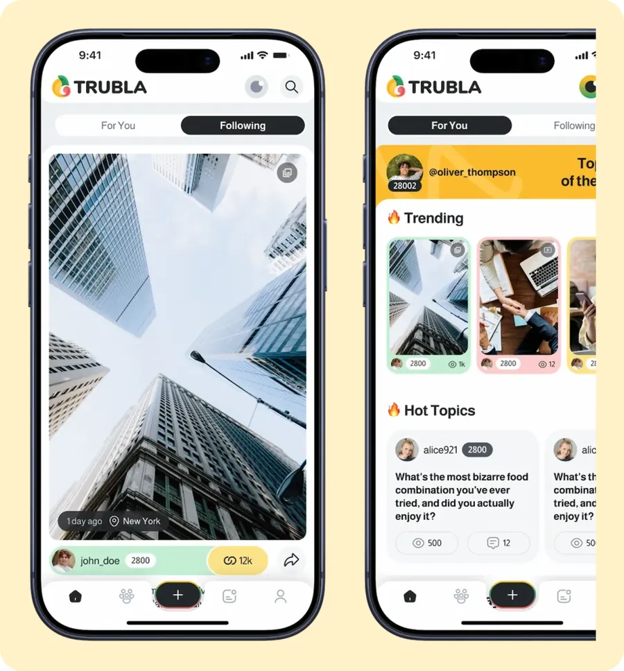 Two phones showing the Trubla home feed: a full-screen post in the Following tab, and the For You tab with a top user of the week, trending posts and hot topics.