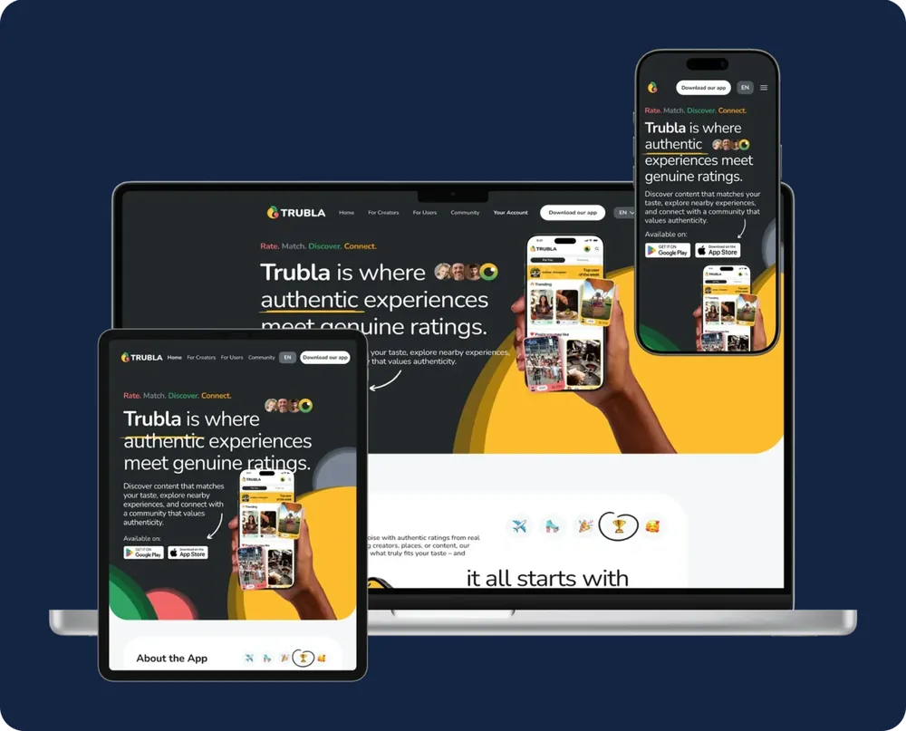 The Trubla website shown on a laptop, tablet and phone, with the headline 'Trubla is where authentic experiences meet genuine ratings'.
