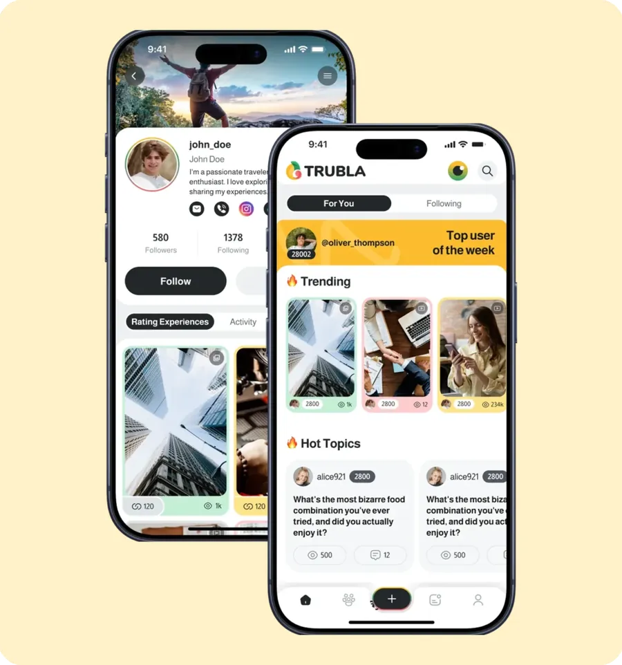 Two phones: a creator profile with a match score, and the For You feed with a top user of the week, trending posts and hot topics.