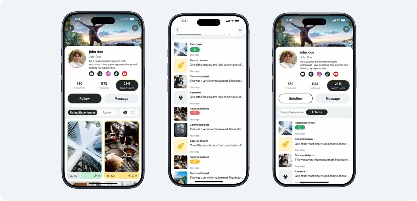 Three profile screens: a creator profile with followers, following and match score, an activity feed of rated and commented posts, and the same profile's activity tab after following.