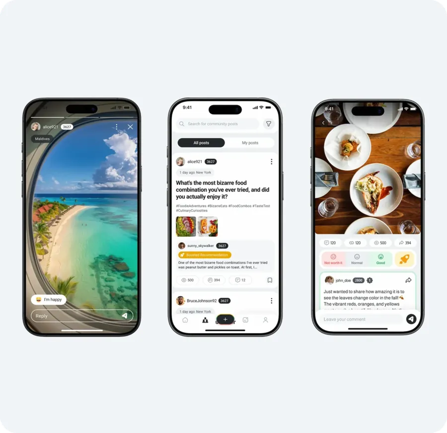 Three phones showing a beach photo post, a discussion thread with a bizarre food question, and a food post with reactions and comments.