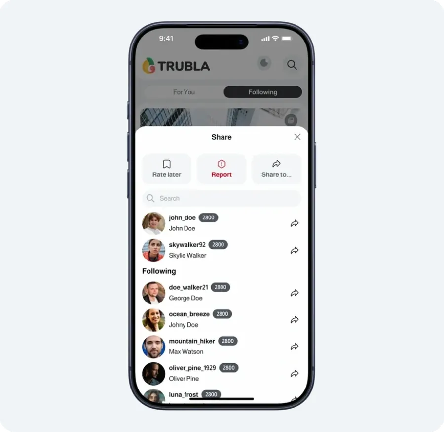 Phone showing the post action sheet with Rate later, Report and Share options above a list of people to share with.