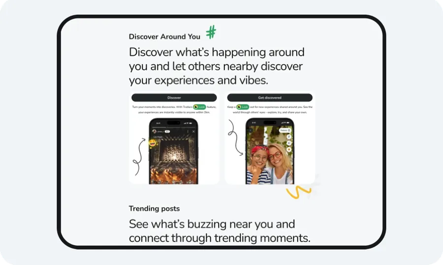 'Discover Around You' section inviting users to discover what's happening around them, with trending posts nearby.