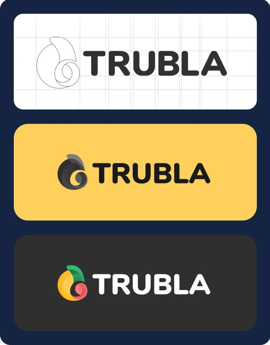 Three versions of the Trubla logo: a construction outline on a grid, a dark logo on yellow, and the full-colour logo on a dark background.