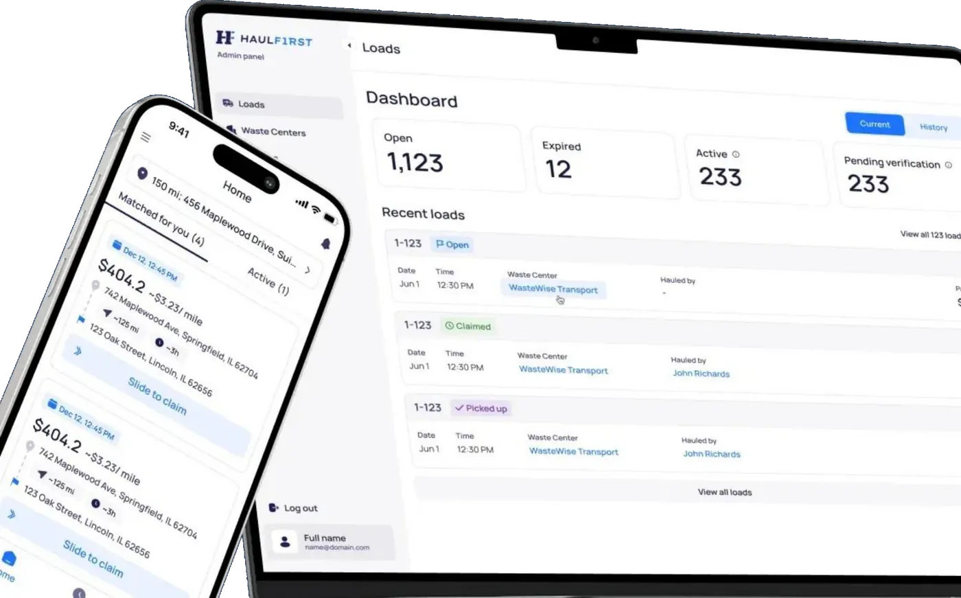 The marketplace's admin dashboard on a laptop, showing open, expired, active and pending-verification load counts and recent loads, beside a hauler's phone listing matched loads with prices and a 'Slide to claim' control.