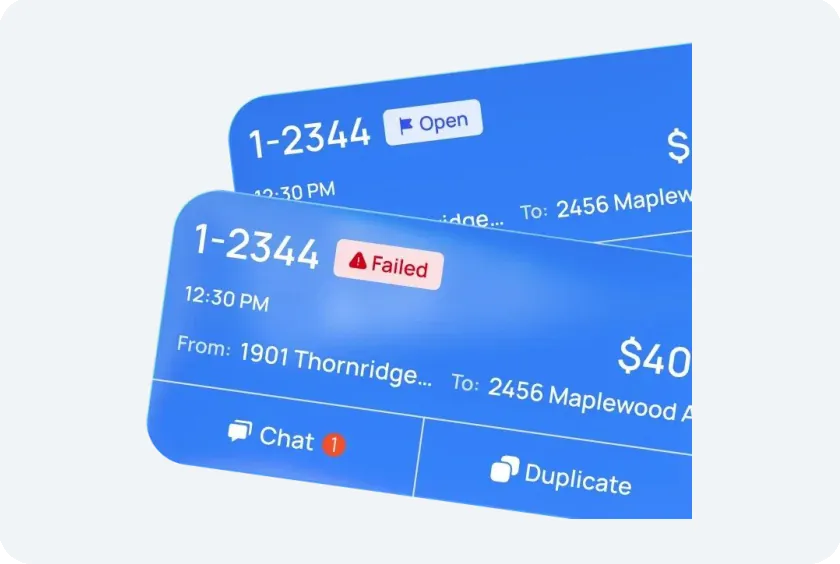 Two blue load cards for load 1-2344, one marked Open and one marked Failed, with pickup time, route, price and Chat and Duplicate buttons.