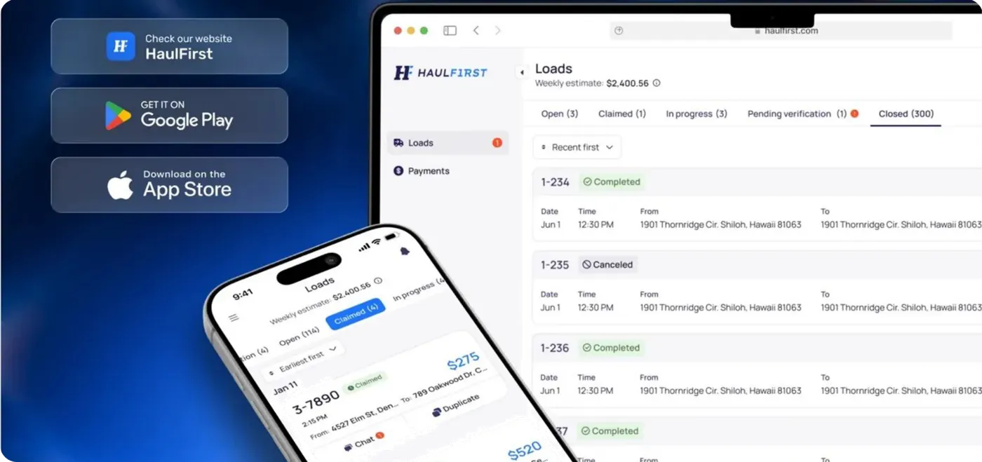 The waste center web app listing loads by status with dates, times and routes, beside the hauler mobile app showing claimed loads, with Google Play and App Store badges.