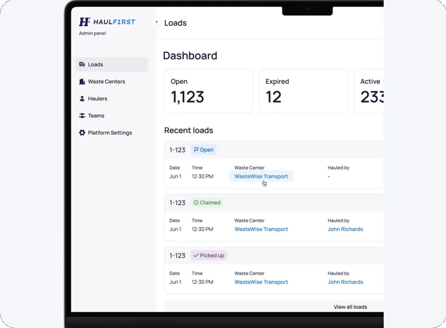 Admin dashboard showing 1,123 open loads, 12 expired and 233 active, with a list of recent loads marked Open, Claimed and Picked up.