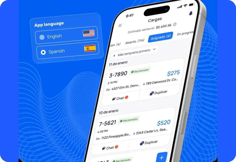 App language setting with English and Spanish options beside a phone showing the loads screen in Spanish.