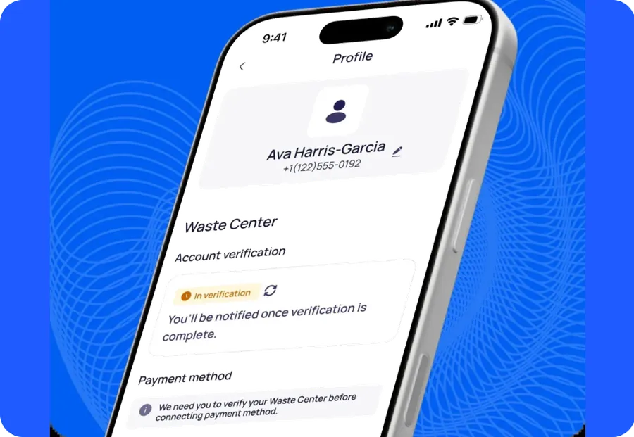 Phone showing a waste center profile with account verification in progress and a prompt to verify before connecting a payment method.