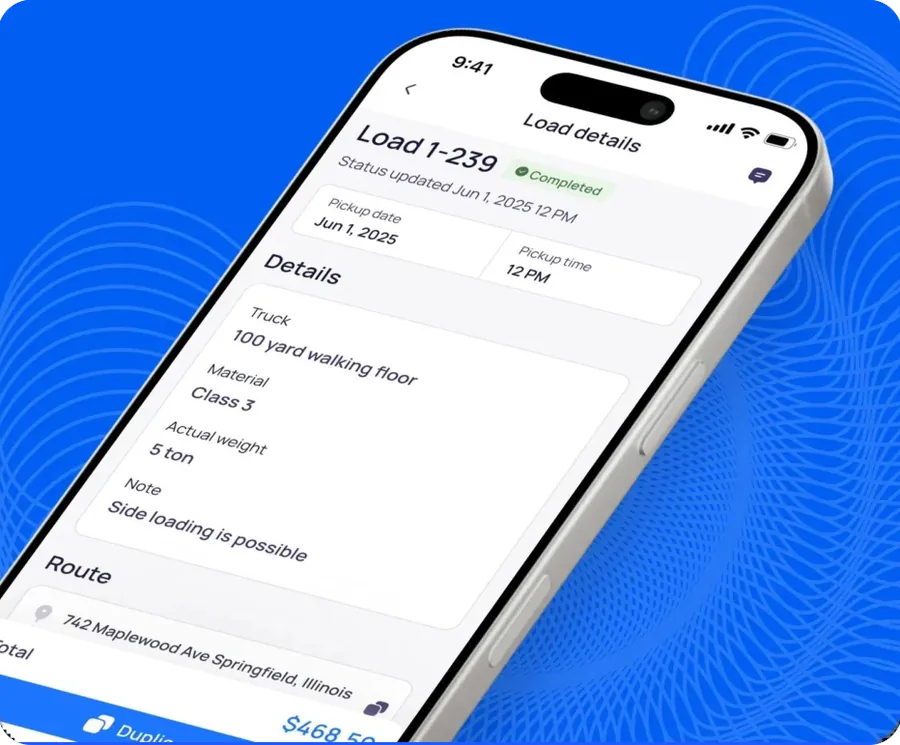 Phone showing load details for load 1-239: status Completed, pickup date and time, truck, material, actual weight, note and route.