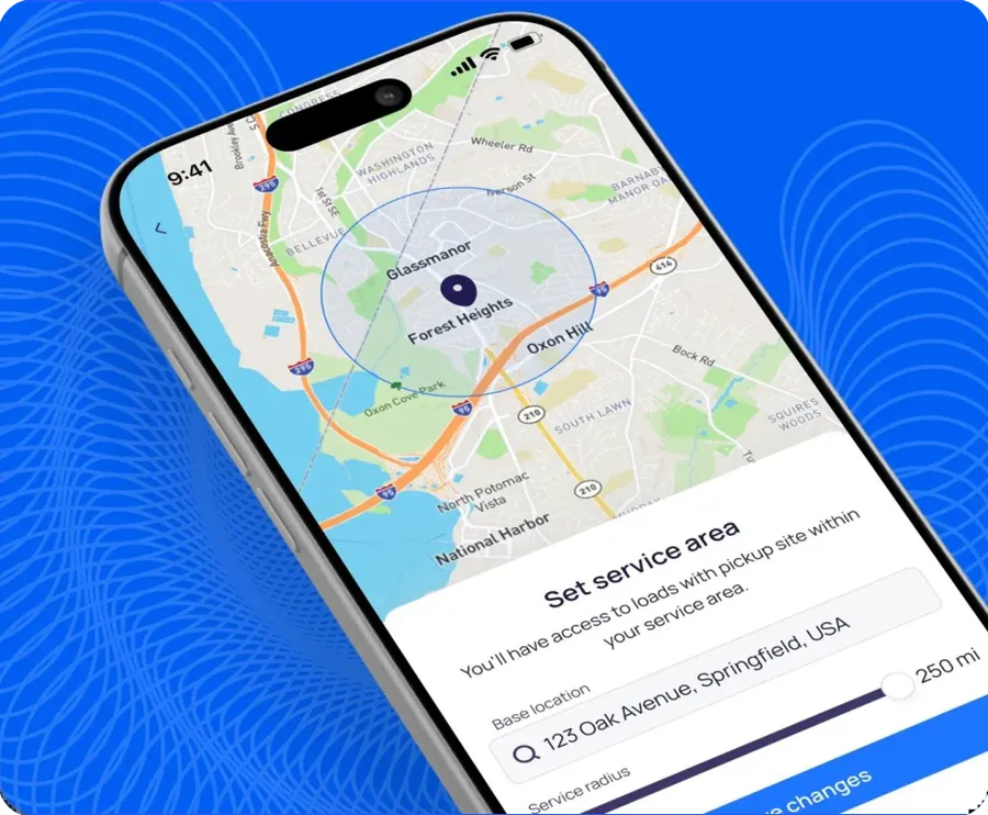 Phone showing a map with a circular service area and a 'Set service area' panel with a base location and a 250-mile radius.