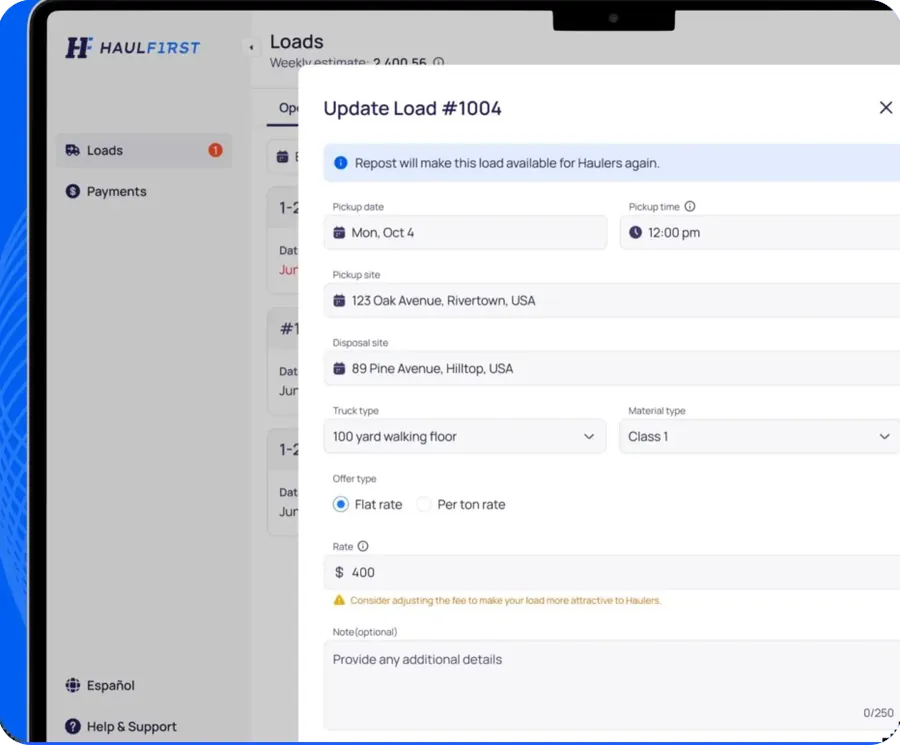 Web app 'Update Load #1004' form with a notice that reposting will make the load available to haulers again, plus pickup date and time, sites, truck type, material and rate.