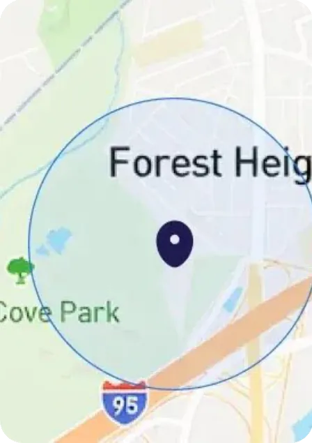 Close-up map with a circular service area around a location pin.