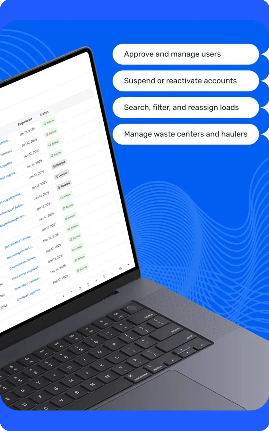 Admin panel on a laptop listing registered users with statuses, beside labels: Approve and manage users, Suspend or reactivate accounts, Search, filter, and reassign loads, Manage waste centers and haulers.